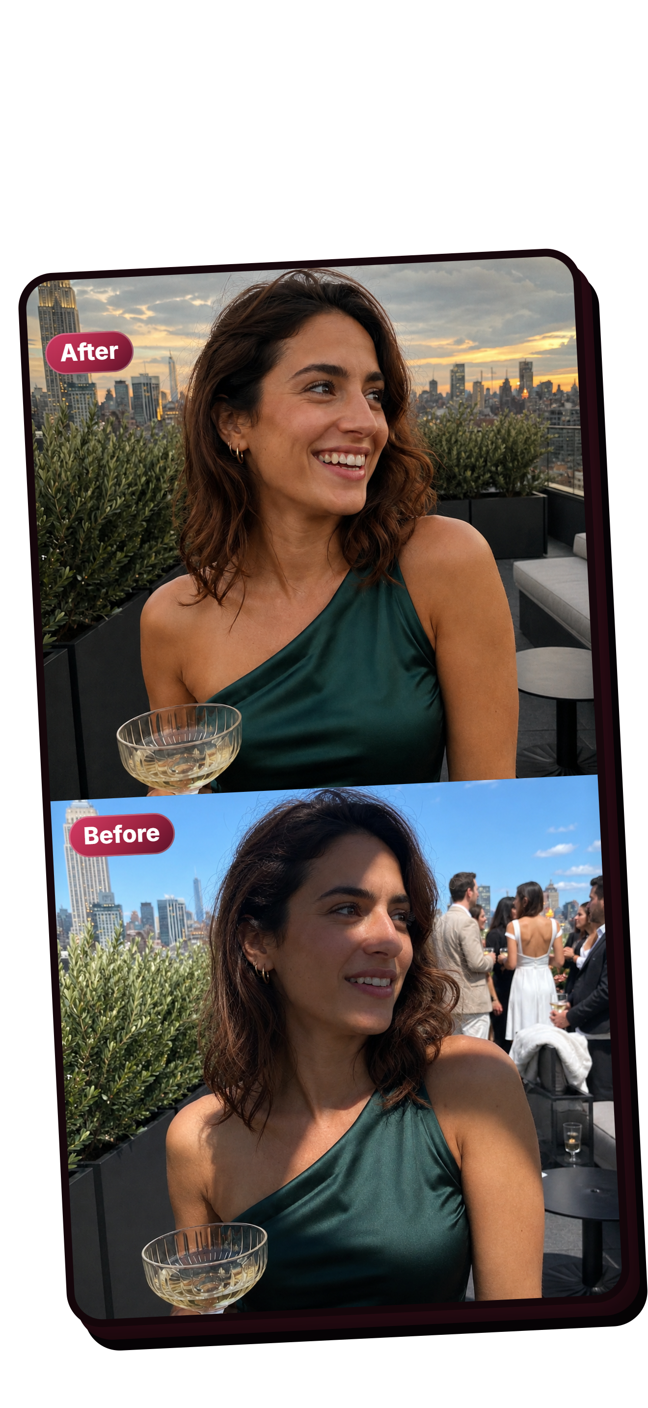 Before-and-after rooftop portraits: a harshly lit photo with people in the background becomes a warmly lit portrait against the city skyline.
