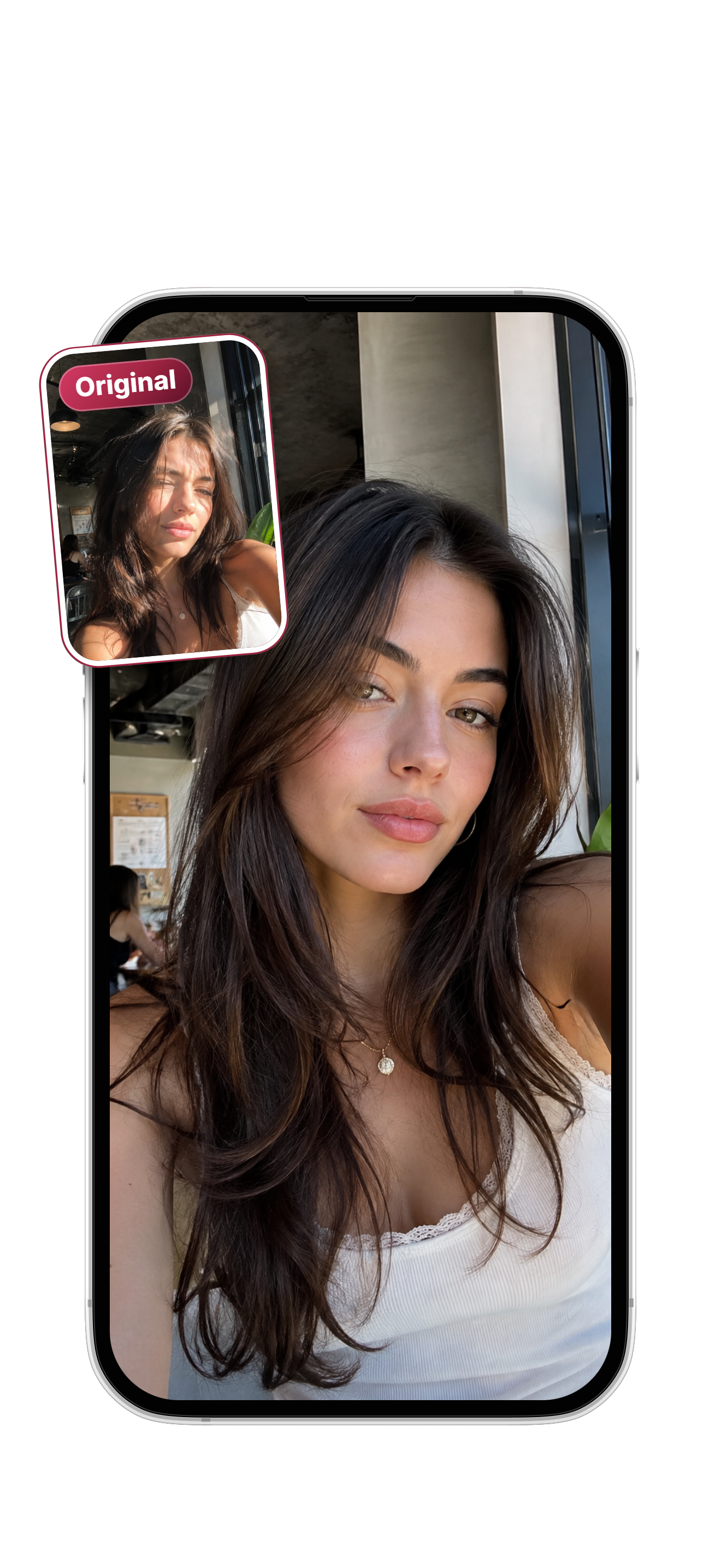 A remade portrait displayed in a phone frame, with the original sunlit selfie shown in a smaller inset for comparison.