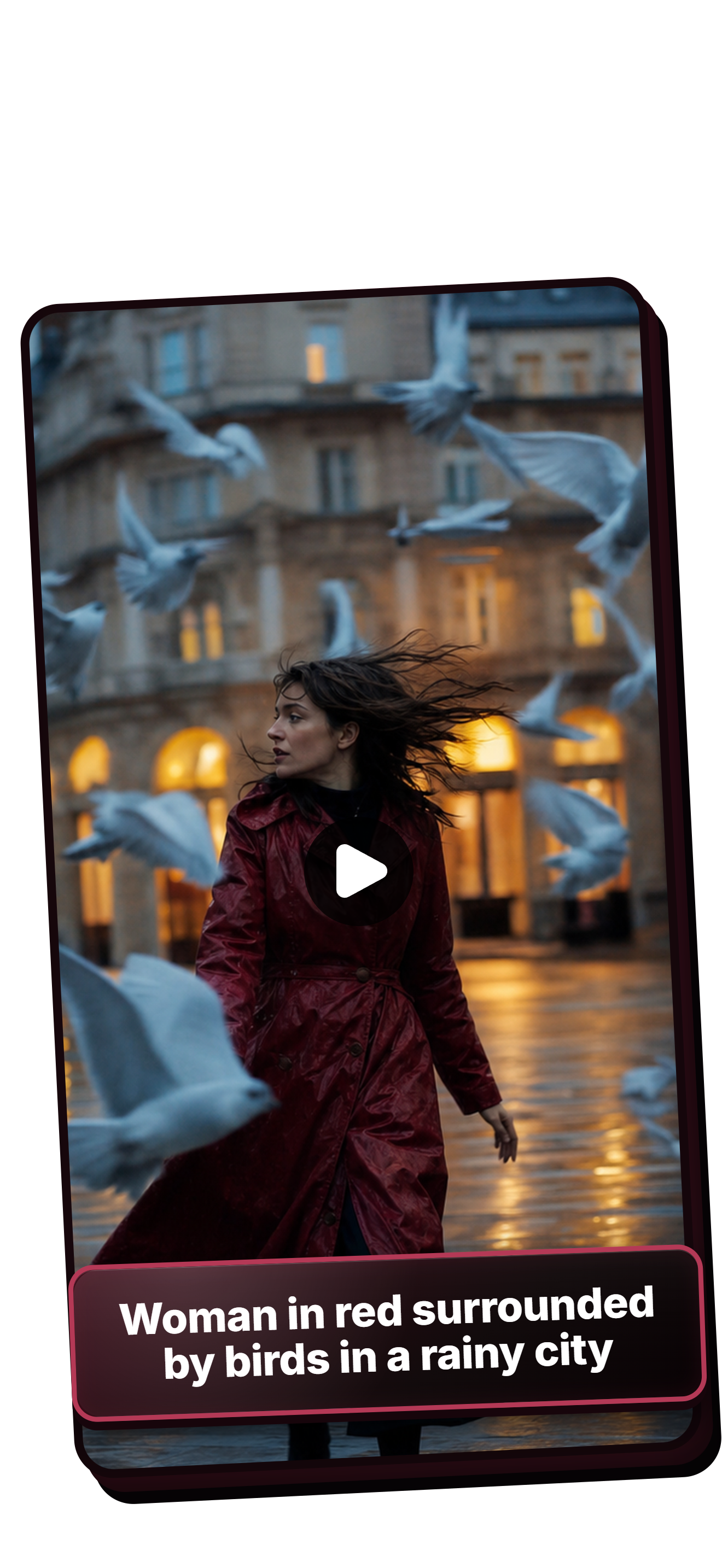 AI video example of a woman in a red coat surrounded by birds in a rainy city, alongside the text prompt used to create it.
